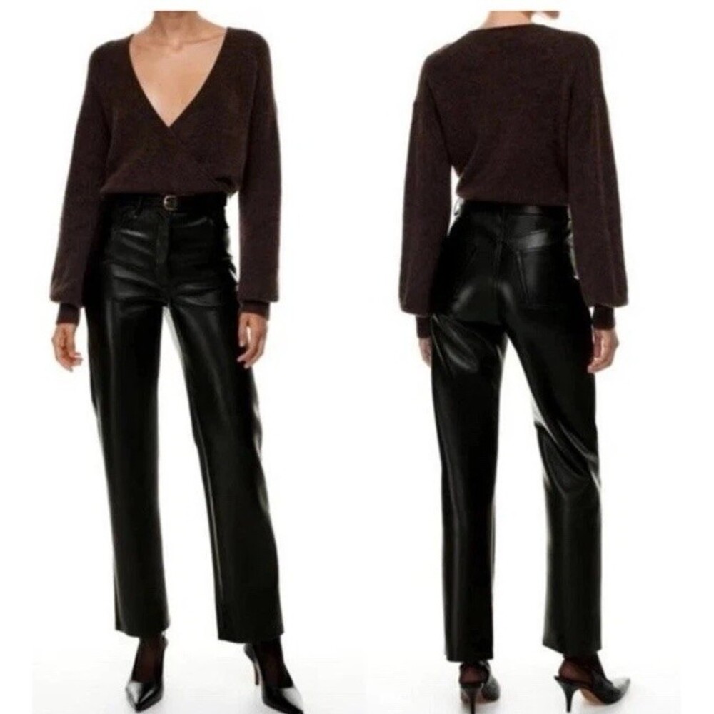 Wilfred Black Faux Leather Straight Pants High Rise Pockets Button Zip Closure - Picture 2 of 9